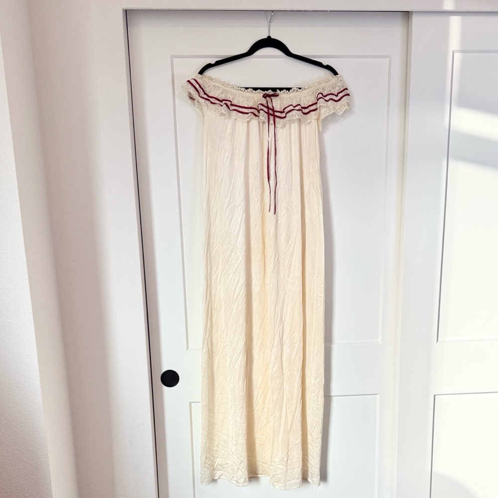 Vintage Cream Off-Shoulder Maxi Slip with Red Trim and Bow